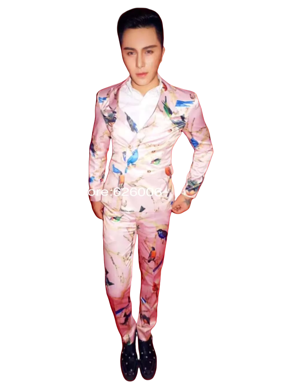 Men Formal Wear Pink - Trajes con estampado de pájaros rosas