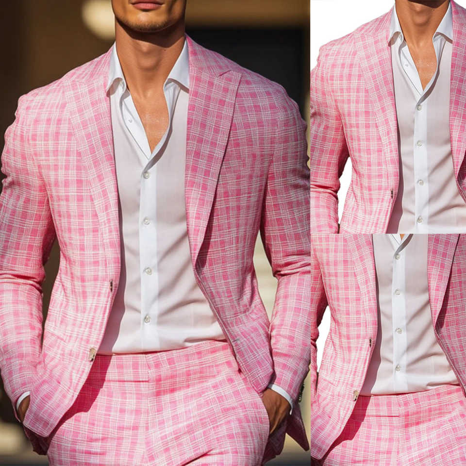 Men Formal Wear Pink - Esmoquin de cuadros rosas de verano